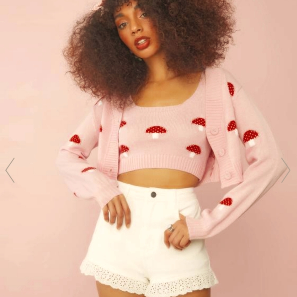 SugarThrillz XS pink mushroom cardigan w/ matching top